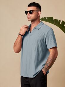 Manfinity VCAY Men Plus Solid Ribbed Knit Polo Shirt - Dusty Blue - View 5