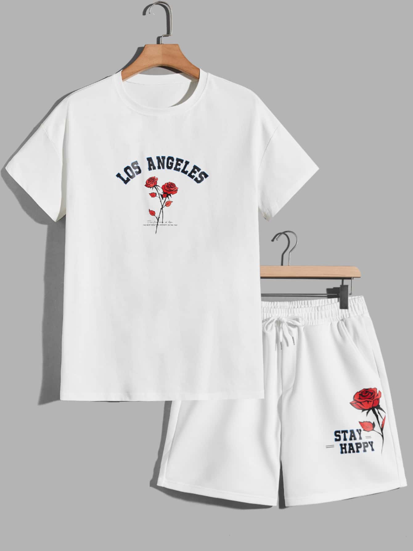 Manfinity Men Floral & Letter Graphic Tee & Drawstring Waist Shorts - White - View 1