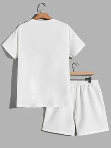 Manfinity Men Floral & Letter Graphic Tee & Drawstring Waist Shorts - White - View 2