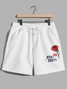Manfinity Men Floral & Letter Graphic Tee & Drawstring Waist Shorts - White - View 3