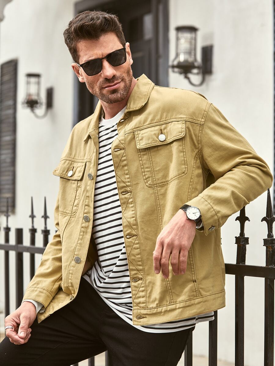 Manfinity Men Solid Button Front Pocket Denim Jacket - Khaki - View 1