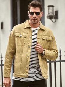 Manfinity Men Solid Button Front Pocket Denim Jacket - Khaki - View 3