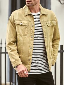 Manfinity Men Solid Button Front Pocket Denim Jacket - Khaki - View 4