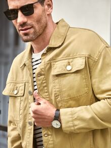 Manfinity Men Solid Button Front Pocket Denim Jacket - Khaki - View 5