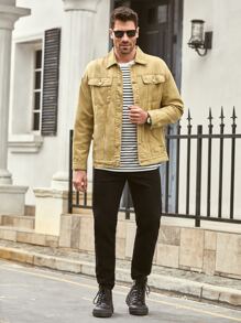 Manfinity Men Solid Button Front Pocket Denim Jacket - Khaki - View 6