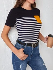 SHEIN LUNE 條紋印花口袋貼布T恤 - 藍白色 - 查看 3