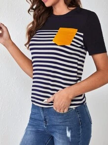 SHEIN LUNE 條紋印花口袋貼布T恤 - 藍白色 - 查看 4