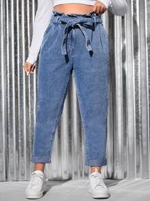 SHEIN Essnce Plus Paperbag Waist Belted Mom Fit Jeans - Medium Wash - View 1