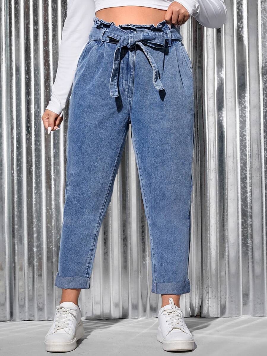 SHEIN Essnce Plus Paperbag Waist Belted Mom Fit Jeans - Medium Wash - View 1