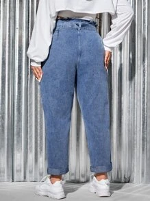 SHEIN Essnce Plus Paperbag Waist Belted Mom Fit Jeans - Medium Wash - View 2