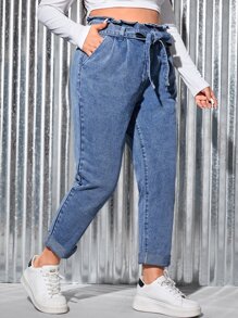 SHEIN Essnce Plus Paperbag Waist Belted Mom Fit Jeans - Medium Wash - View 3