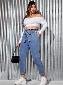 SHEIN Essnce Plus Paperbag Waist Belted Mom Fit Jeans - Medium Wash - View 4