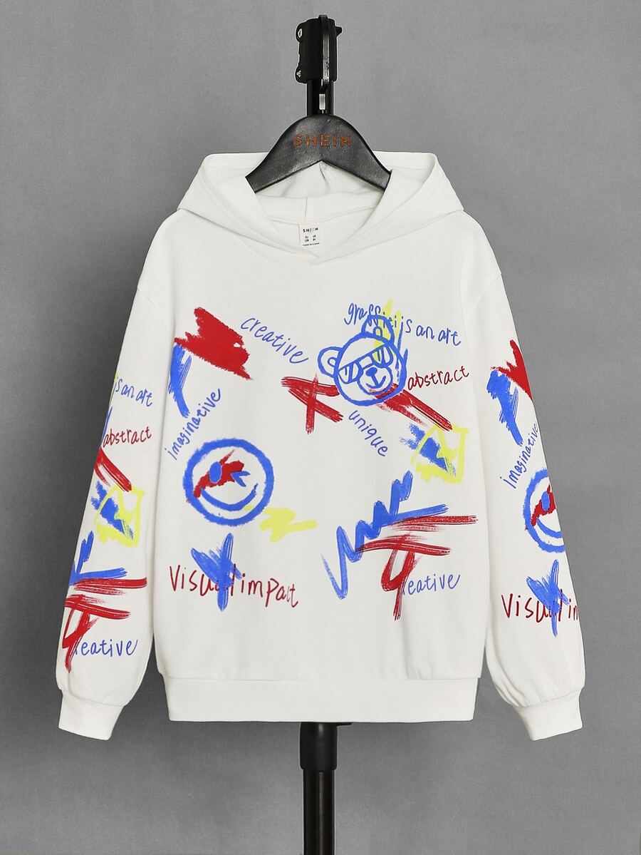 SHEIN 男孩字母和卡通圖案落肩袖連帽衫