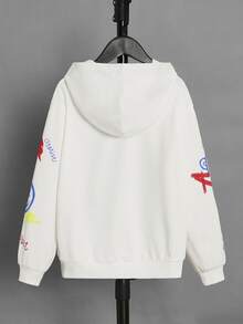 SHEIN 男孩字母和卡通圖案落肩袖連帽衫