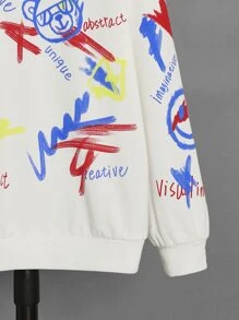 SHEIN 男孩字母和卡通圖案落肩袖連帽衫