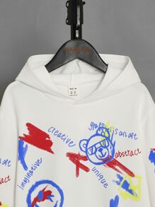 SHEIN 男孩字母和卡通圖案落肩袖連帽衫