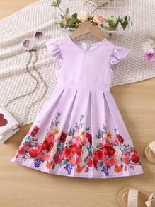 Toddler Girls Floral Print Ruffle Trim Pleated Detail Dress - Lilac Purple - View 1