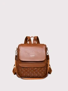 Metal & Studded Decor Flap Backpack for Women, Rookies & White-collar Workers - Brown - View 1