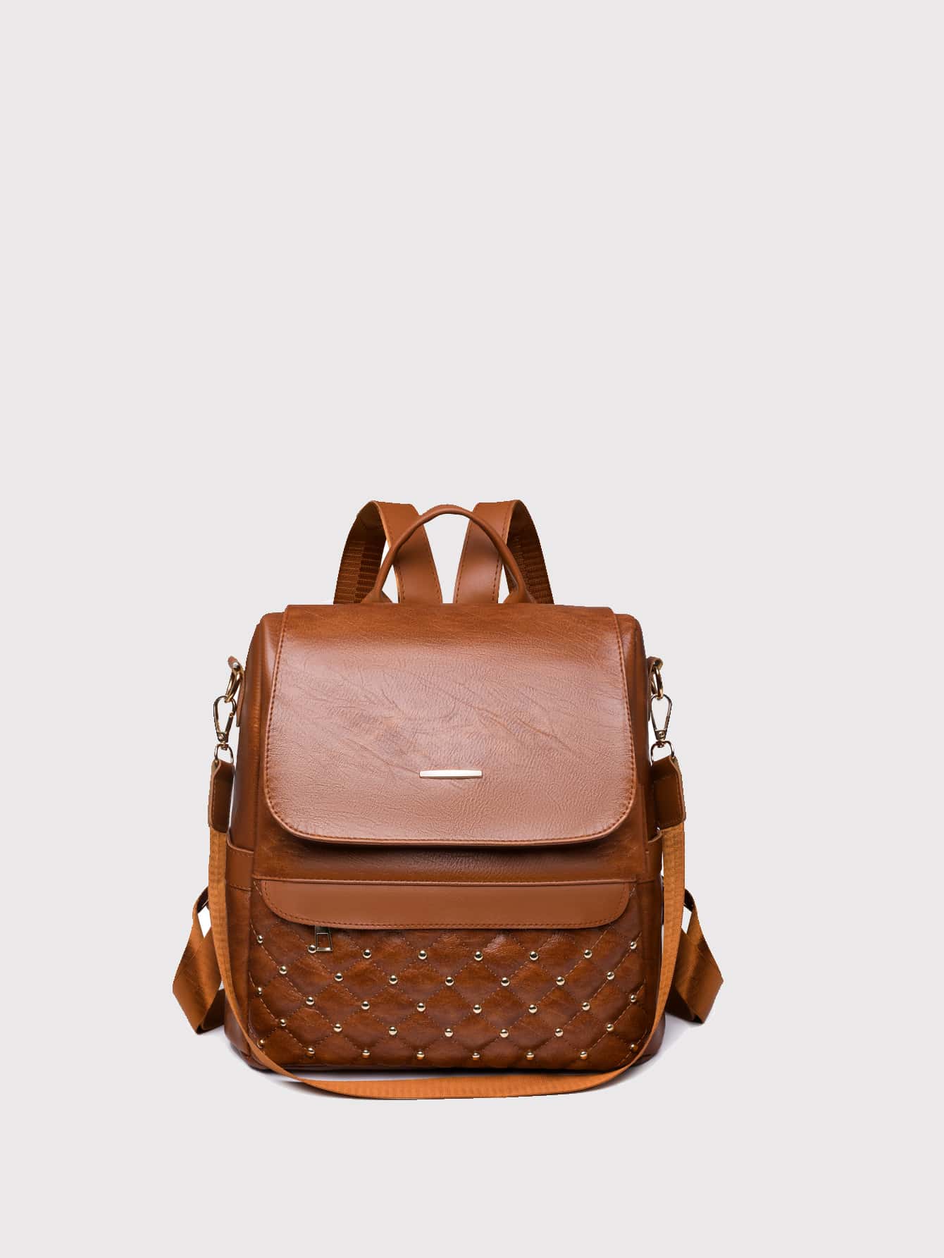 Metal & Studded Decor Flap Backpack for Women, Rookies & White-collar Workers - Brown - View 1