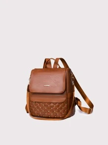 Metal & Studded Decor Flap Backpack for Women, Rookies & White-collar Workers - Brown - View 2