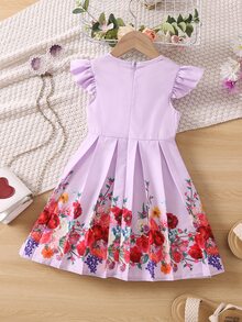 Toddler Girls Floral Print Ruffle Trim Pleated Detail Dress - Lilac Purple - View 2