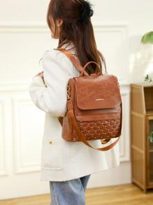 Metal & Studded Decor Flap Backpack for Women, Rookies & White-collar Workers - Brown - View 5