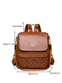 Metal & Studded Decor Flap Backpack for Women, Rookies & White-collar Workers - Brown - View 6
