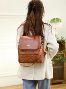 Metal & Studded Decor Flap Backpack for Women, Rookies & White-collar Workers - Brown - View 7