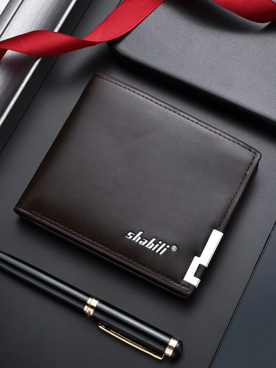 SHABILI Men Letter Graphic Metal Decor Small Wallet Credit Card Small Purse ID Window Bi-Fold Men Wallet Dad Gifts Gift, Gift - Coffee Brown - View 1