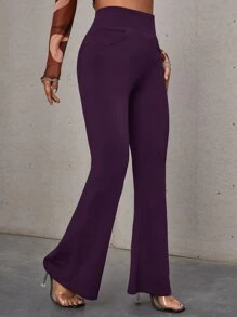 SHEIN Essnce High Waist Slant Pocket Flare Leg Trousers - Purple - View 4