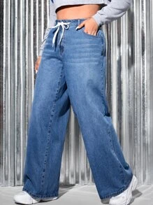 SHEIN EZwear 大碼腰部抽繩闊腿牛仔褲 - 中等水洗藍 - 查看 3