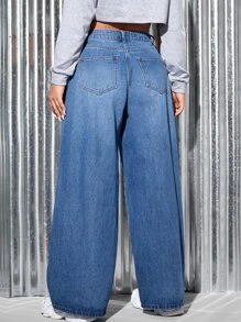 SHEIN EZwear 大碼腰部抽繩闊腿牛仔褲 - 中等水洗藍 - 查看 2