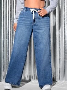 SHEIN EZwear 大碼腰部抽繩闊腿牛仔褲 - 中等水洗藍 - 查看 5