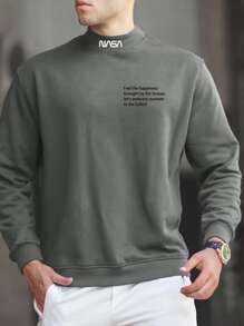 Manfinity Homme Men Slogan Graphic Mock Neck Sweatshirt - Grey - View 1