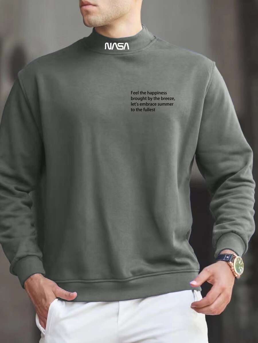 Manfinity Homme Men Slogan Graphic Mock Neck Sweatshirt - Grey - View 1