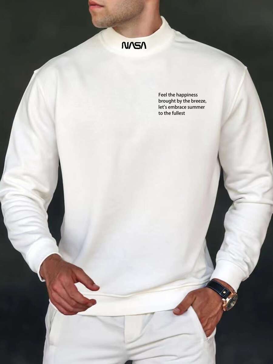 Manfinity Homme Men Slogan Graphic Mock Neck Sweatshirt - White - View 1