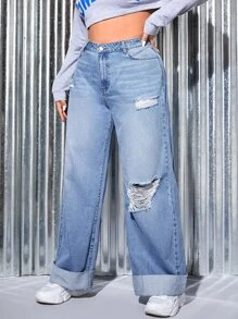 SHEIN Jeans de pierna recta desgarro bajo de doblez - Lavado ligero - Ver 3