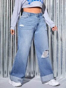 SHEIN Jeans de pierna recta desgarro bajo de doblez - Lavado ligero - Ver 4