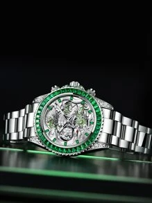 1pc Men's Chinese Dragon Dial Round Zinc Alloy Case Green Rhinestone Embellished 30M Waterproof Steel Band Pointer Mechanical Watch, For Business Style Or Daily Decoration Holiday - Silver - View 1