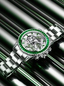 1pc Men's Chinese Dragon Dial Round Zinc Alloy Case Green Rhinestone Embellished 30M Waterproof Steel Band Pointer Mechanical Watch, For Business Style Or Daily Decoration Holiday - Silver - View 3