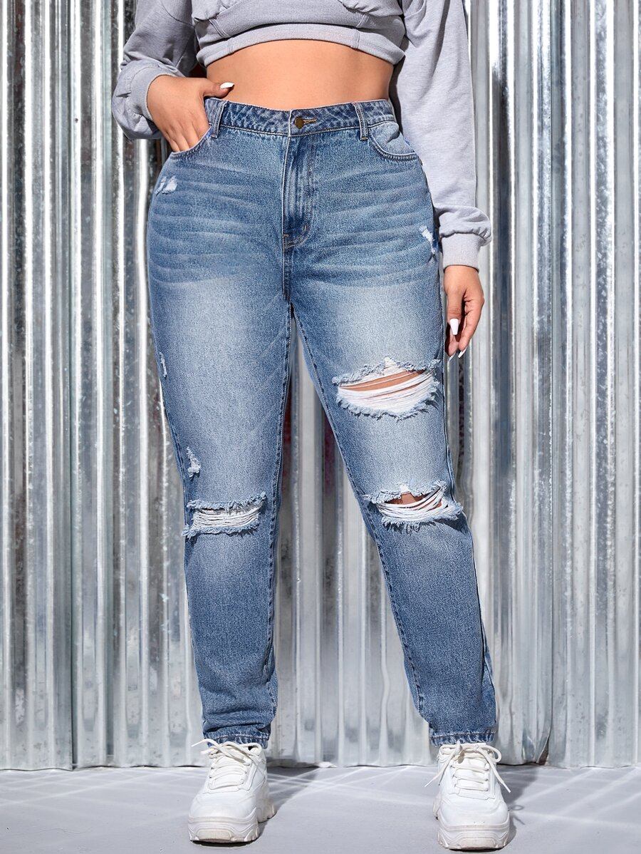 SHEIN Jeans ajustados desgarro con bolsillo oblicuo - Lavado ligero - Ver 1