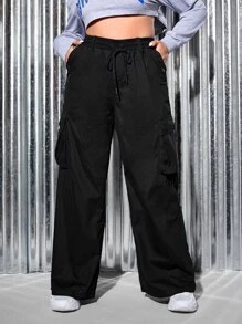 SHEIN EZwear Plus Drawstring Waist Flap Pocket Side Cargo Jeans - Black - View 1