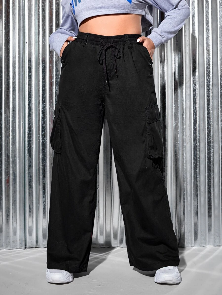 SHEIN EZwear Plus Drawstring Waist Flap Pocket Side Cargo Jeans - Black - View 1