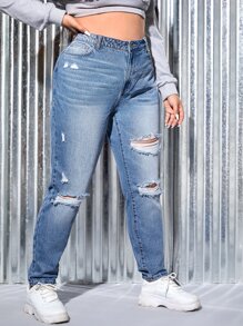 SHEIN Jeans ajustados desgarro con bolsillo oblicuo - Lavado ligero - Ver 3
