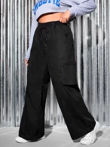 SHEIN EZwear Plus Drawstring Waist Flap Pocket Side Cargo Jeans - Black - View 3