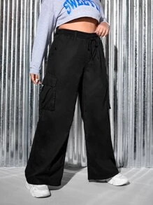 SHEIN EZwear Plus Drawstring Waist Flap Pocket Side Cargo Jeans - Black - View 4