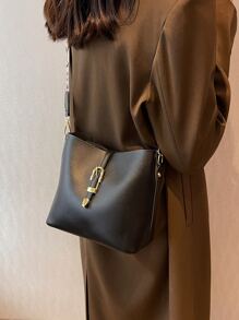 1pc Simple & Fashionable Bucket Shaped Shoulder Bag With Buckle Closure, Crossbody Bag For Women Daily Use - Black - View 4