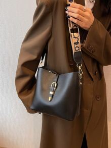 1pc Simple & Fashionable Bucket Shaped Shoulder Bag With Buckle Closure, Crossbody Bag For Women Daily Use - Black - View 6