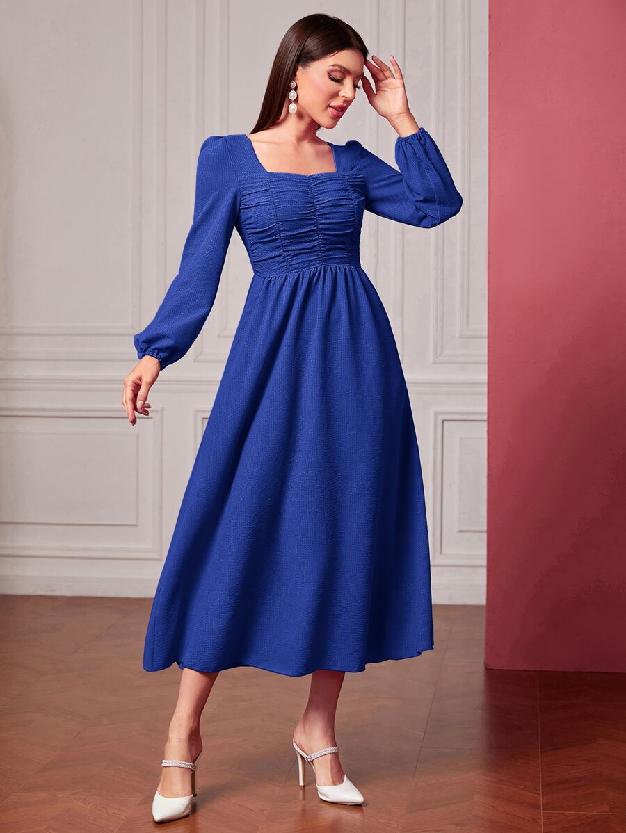 Modelyn Square Neck Ruched Lantern Sleeve Dress - Royal Blue - View 1