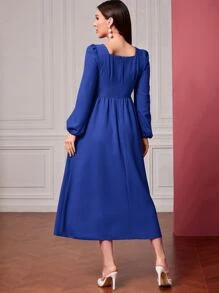 Modelyn Square Neck Ruched Lantern Sleeve Dress - Royal Blue - View 2